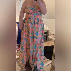 Pink Lily Strapless Maxi Dress in Pink, Blue & Green Abstract Print